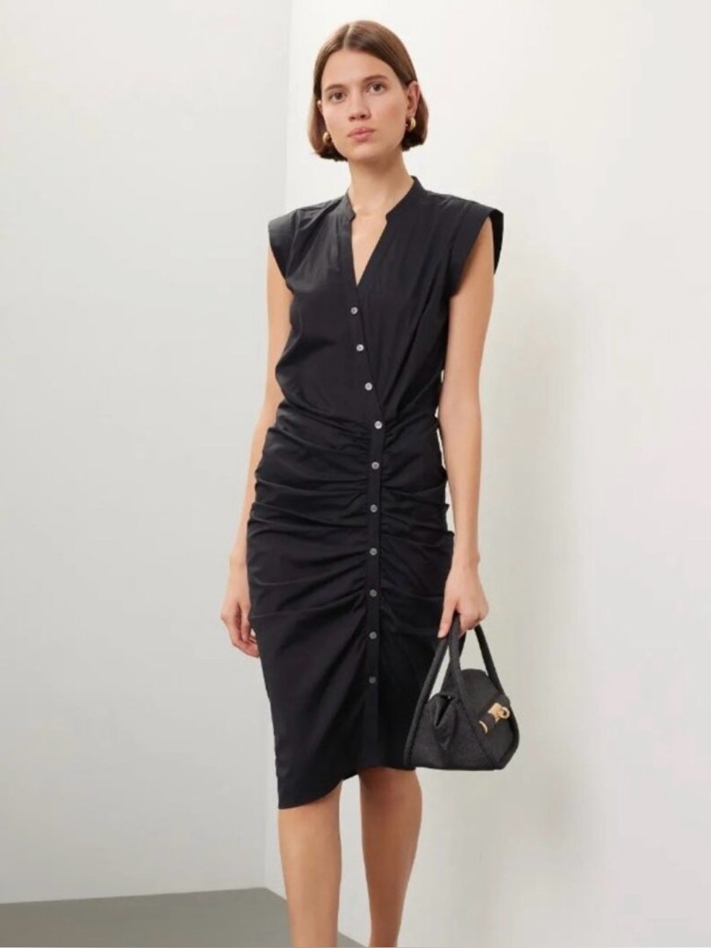Veronica Beard Black Ruched Button-Front Midi Dress EUC